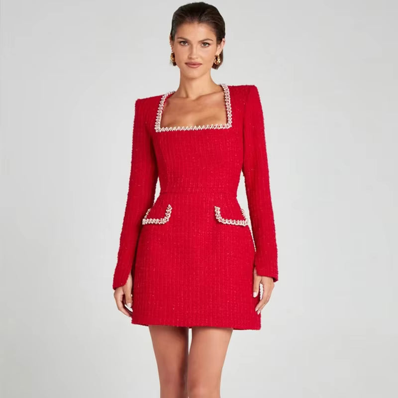 Natalie Zarif Kare Yaka Uzun Kollu Elbise