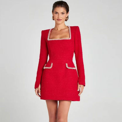 Natalie Zarif Kare Yaka Uzun Kollu Elbise