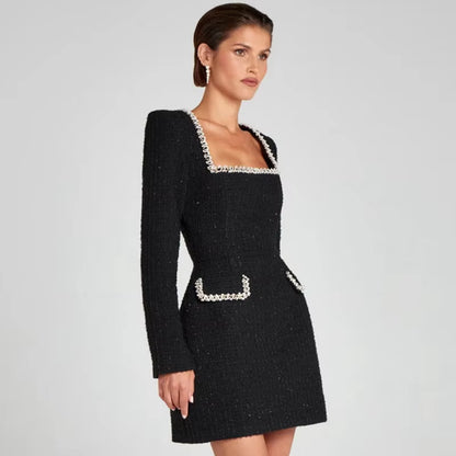 Natalie Zarif Kare Yaka Uzun Kollu Elbise