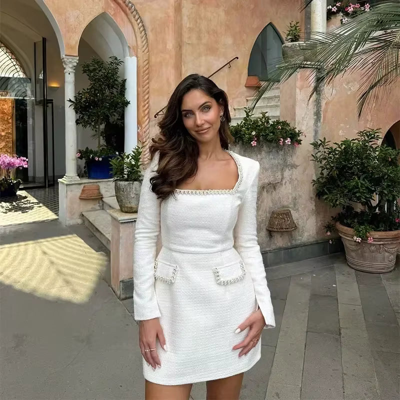 Natalie Zarif Kare Yaka Uzun Kollu Elbise